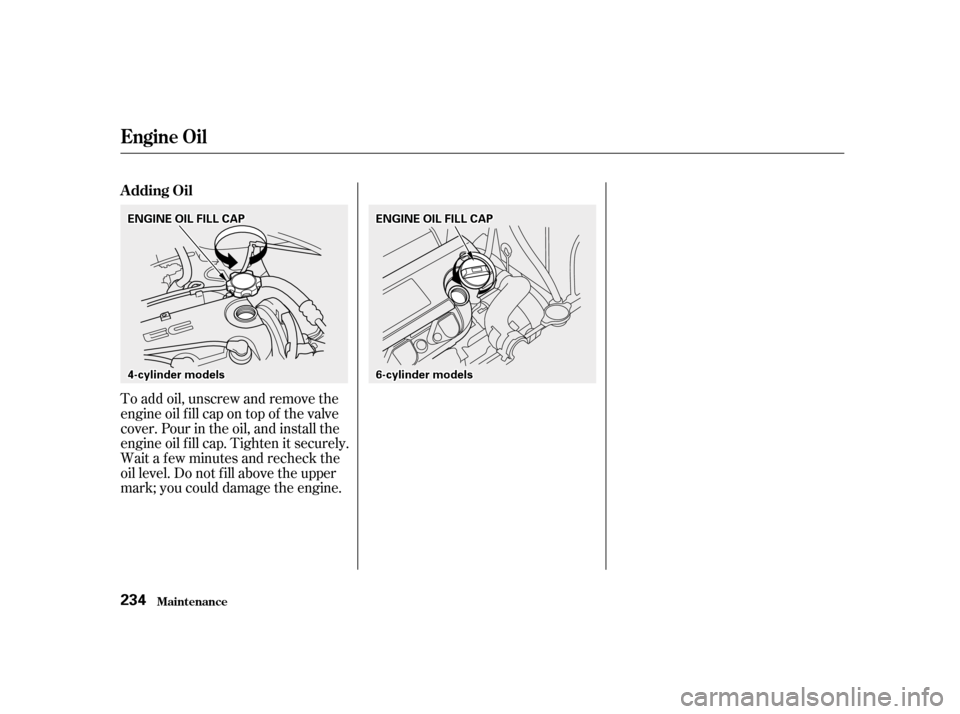 HONDA ACCORD 2001 CF / 6.G User Guide To add oil, unscrew and remove the 
engine oil f ill cap on top of the valve
cover. Pour in the oil, and install the
engine oil f ill cap. Tighten it securely.
Wait a f ew minutes and recheck the
oil 