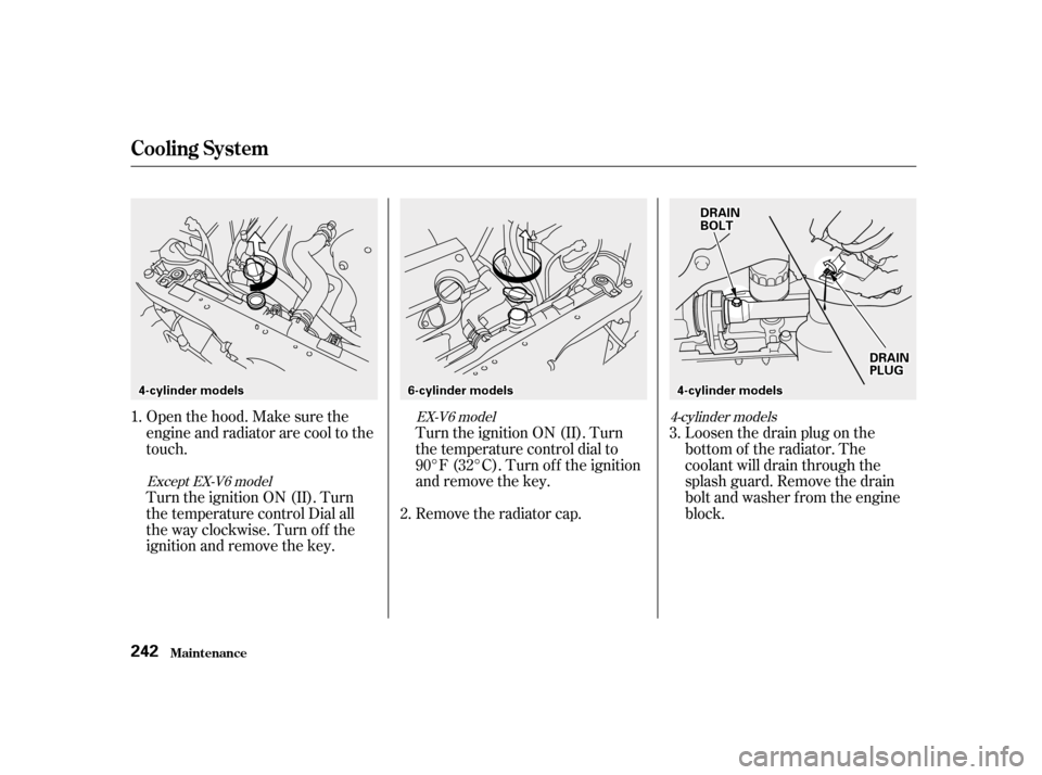 HONDA ACCORD 2001 CF / 6.G Owners Manual Loosen the drain plug on the 
bottom of the radiator. The
coolant will drain through the
splash guard. Remove the drain
bolt and washer f rom the engine
block.
Openthehood.Makesurethe
engine and radia