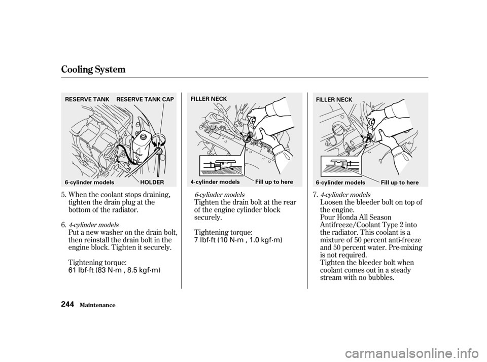 HONDA ACCORD 2001 CF / 6.G Owners Manual When the coolant stops draining, 
tightenthedrainplugatthe
bottom of the radiator. 
Put a new washer on the drain bolt, 
then reinstall the drain bolt in the
engine block. Tighten it securely. 
Tighte