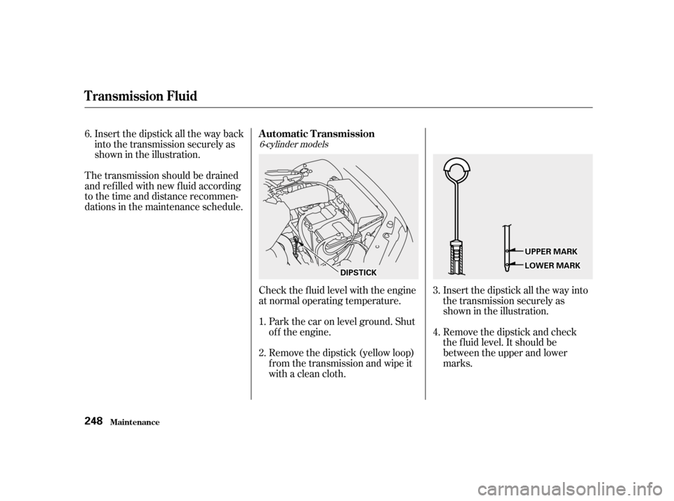 HONDA ACCORD 2001 CF / 6.G Owners Manual Insert the dipstick all the way into 
the transmission securely as
shown in the illustration. 
Remove the dipstick and check 
the f luid level. It should be
between the upper and lower
marks.
Check th