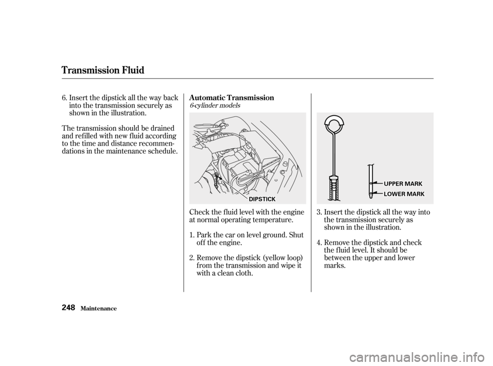 HONDA ACCORD 2001 CF / 6.G Repair Manual Insert the dipstick all the way into 
the transmission securely as
shown in the illustration. 
Remove the dipstick and check 
the f luid level. It should be
between the upper and lower
marks.
Check th