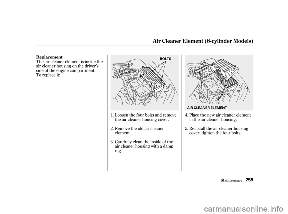 HONDA ACCORD 2001 CF / 6.G Repair Manual Place the new air cleaner element 
in the air cleaner housing.
Loosen the f our bolts and remove
the air cleaner housing cover. 
Remove the old air cleaner 
element. Reinstall the air cleaner housing
