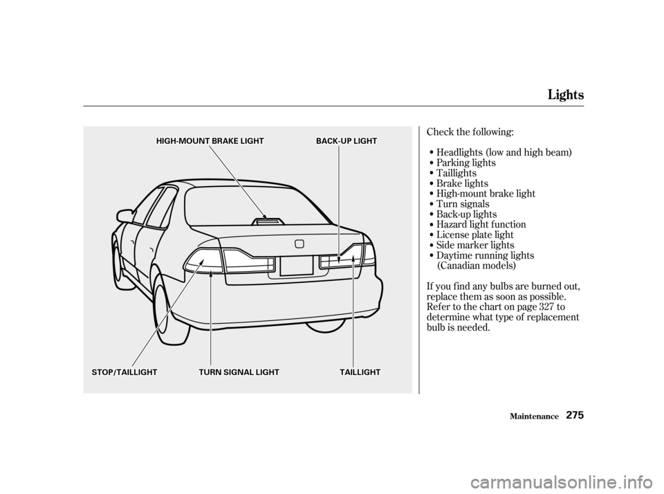 HONDA ACCORD 2001 CF / 6.G Owners Manual Check the f ollowing:Headlights (low and high beam) 
Parking lights
Taillights
Brake lights
High-mount brake light
Turn signals
Back-up lights
Hazard light f unction
License plate light
Side marker li