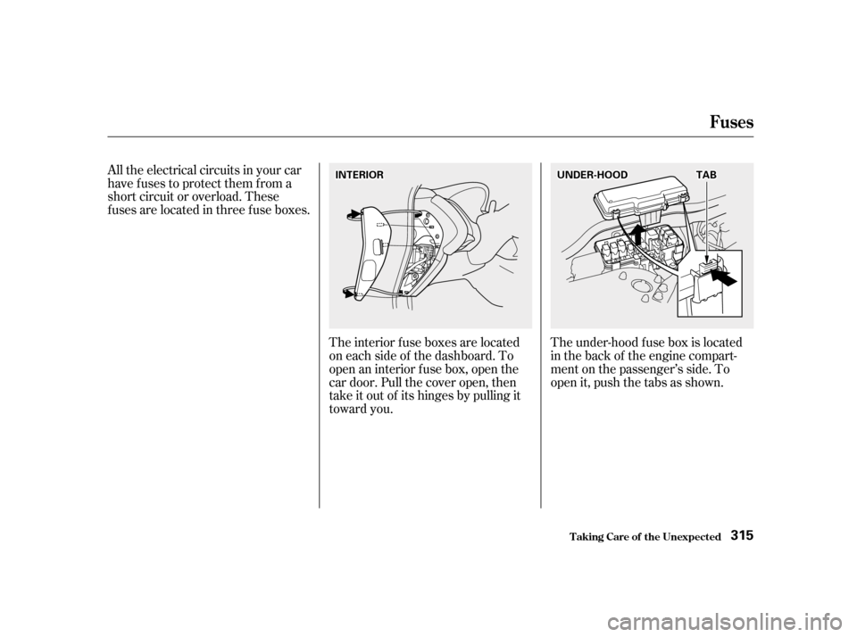 HONDA ACCORD 2001 CF / 6.G Owners Manual The under-hood f use box is located 
in the back of the engine compart-
ment on the passenger’s side. To
open it, push the tabs as shown.
All the electrical circuits in your car
have fuses to protec