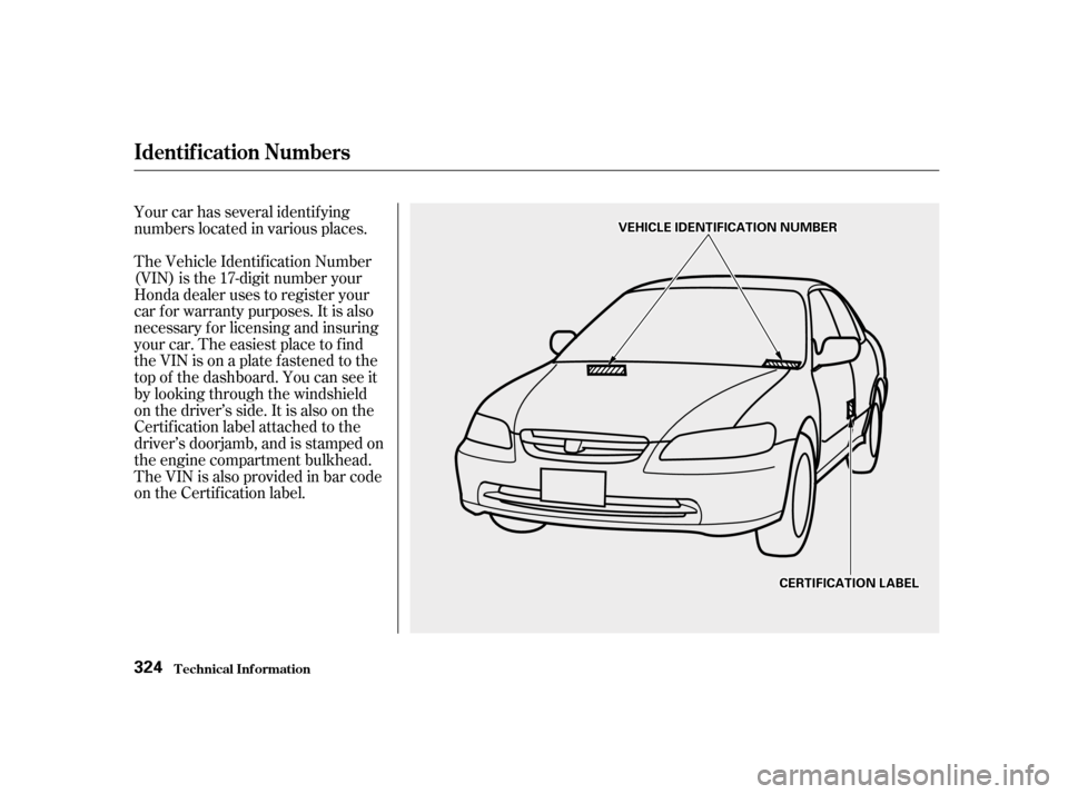 HONDA ACCORD 2001 CF / 6.G Manual Online Your car has several identif ying 
numbers located in various places. 
The Vehicle Identif ication Number 
(VIN) is the 17-digit number your
Honda dealer uses to register your
car f or warranty purpos