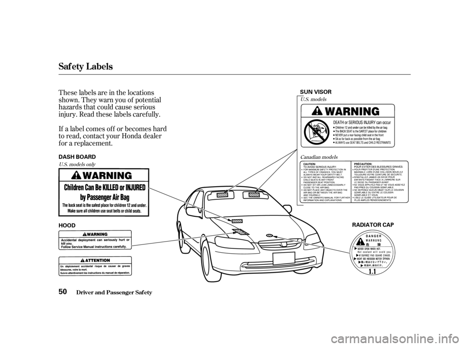 HONDA ACCORD 2001 CF / 6.G Owners Manual These labels are in the locations 
shown. They warn you of potential
hazards that could cause serious
injury. Read these labels caref ully. 
If a label comes of f or becomes hard 
to read, contact you