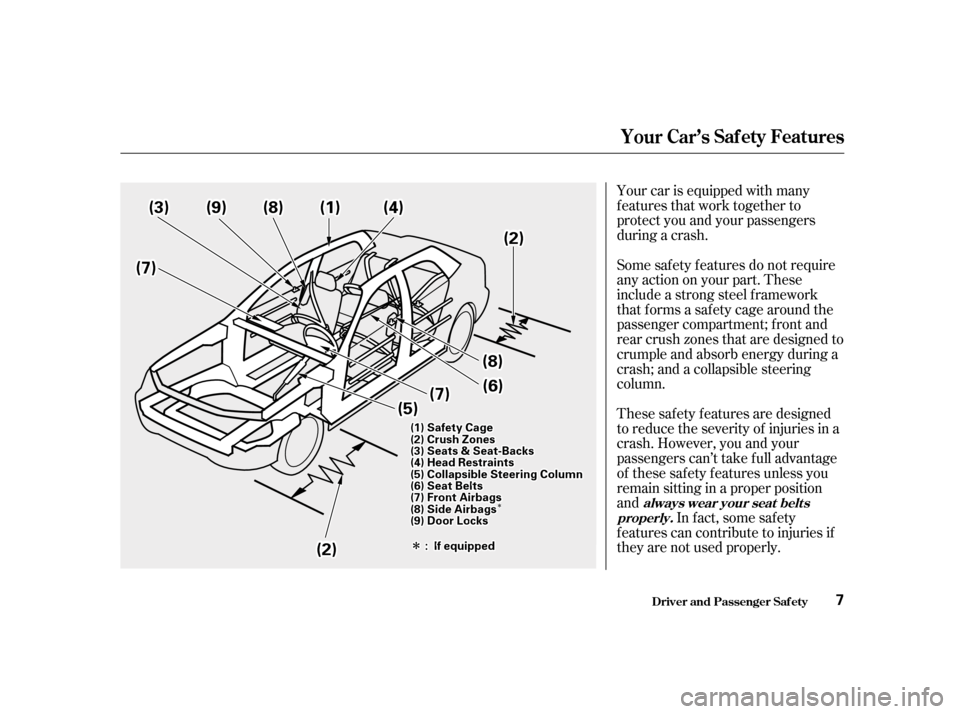 HONDA ACCORD 2001 CF / 6.G Owners Manual ÎÎ
ÎÎSome saf ety f eatures do not require 
anyactiononyourpart.These
include a strong steel f ramework
that forms a safety cage around the
passenger compartment; f ront and
rear crush zones t