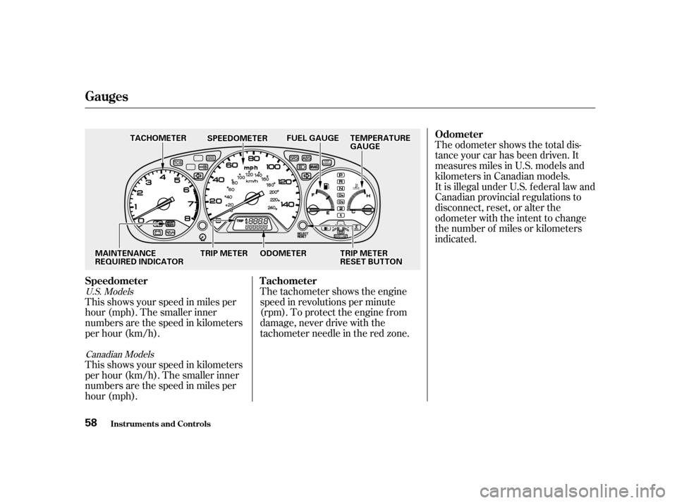 HONDA ACCORD 2001 CF / 6.G Owners Manual The tachometer shows the engine 
speed in revolutions per minute
(rpm). To protect the engine f rom
damage, never drive with the
tachometer needle in the red zone.
This shows your speed in miles per
h