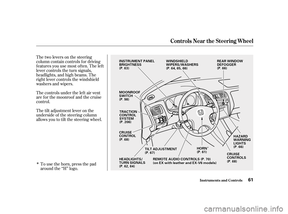 HONDA ACCORD 2001 CF / 6.G Workshop Manual Î
ÎÎ
Thetwoleversonthesteering 
column contain controls f or driving
f eatures you use most of ten. The lef t
lever controls the turn signals,
headlights, and high beams. The
right lever control