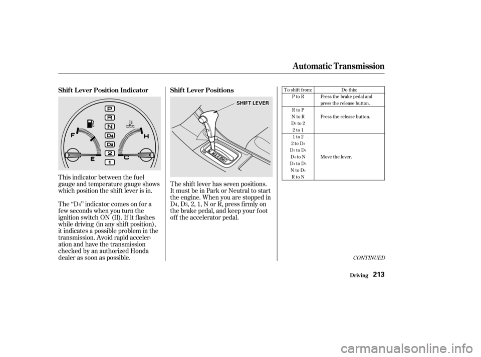 HONDA ACCORD 2002 CL7 / 7.G Owners Manual CONT INUED
The shift lever has seven positions. 
It must be in Park or Neutral to start
the engine. When you are stopped in
D,D,2,1,NorR,pressfirmlyon
the brake pedal, and keep your f oot
of f the acc