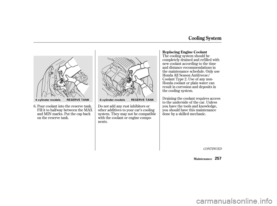 HONDA ACCORD 2002 CL7 / 7.G Owners Manual CONT INUED
Pour coolant into the reserve tank. 
Fill it to half way between the MAX
and MIN marks. Put the cap back
on the reserve tank.Do not add any rust inhibitors or
other additives to your car’