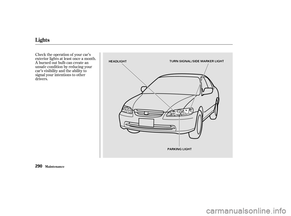 HONDA ACCORD 2002 CL7 / 7.G Owners Manual Check the operation of your car’s 
exterior lights at least once a month.
A burned out bulb can create an
unsaf e condition by reducing your
car’s visibility and the ability to
signal your intenti