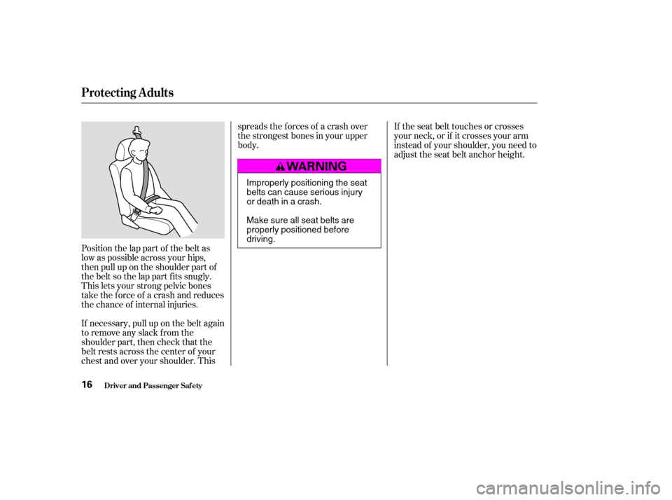 HONDA ACCORD 2003 CL7 / 7.G User Guide Position the lap part of the belt as 
low as possible across your hips,
then pull up on the shoulder part of
the belt so the lap part f its snugly.
This lets your strong pelvic bones
take the force of