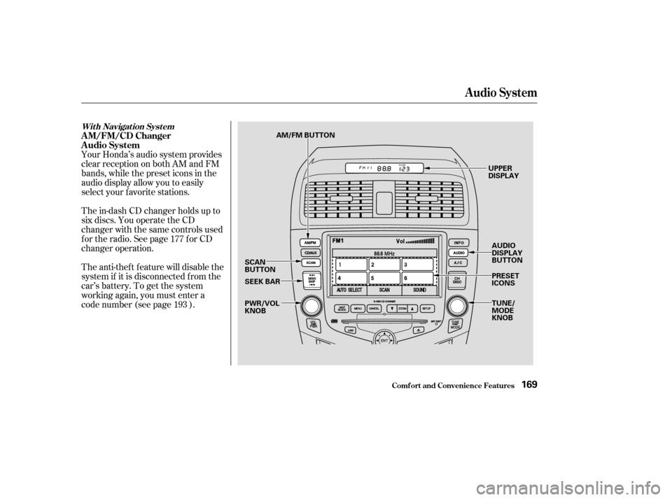 HONDA ACCORD 2003 CL7 / 7.G User Guide The in-dash CD changer holds up to 
six discs. You operate the CD
changer with the same controls used
f or the radio. See page f or CD
changer operation. 
The anti-thef t f eature will disable the 
sy
