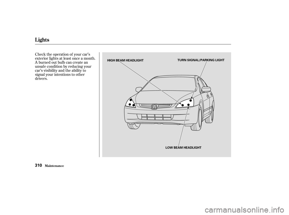 HONDA ACCORD 2003 CL7 / 7.G Owners Manual Check the operation of your car’s 
exterior lights at least once a month.
A burned out bulb can create an
unsaf e condition by reducing your
car’s visibility and the ability to
signal your intenti