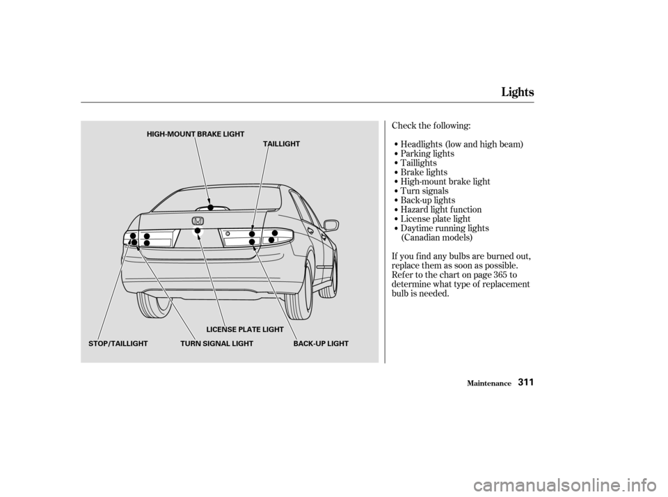 HONDA ACCORD 2003 CL7 / 7.G Owners Manual Check the f ollowing:Headlights (low and high beam) 
Parking lights
Taillights
Brake lights
High-mount brake light
Turn signals
Back-up lights
Hazard light f unction
License plate light
Daytime runnin