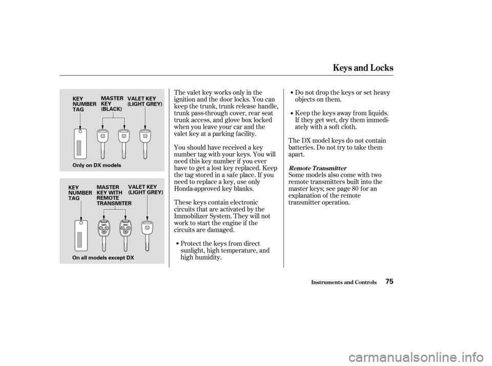 HONDA ACCORD 2003 CL7 / 7.G Manual PDF These keys contain electronic 
circuits that are activated by the
Immobilizer System. They will not
work to start the engine if the
circuits are damaged.Protect the keys f rom direct
sunlight, high te