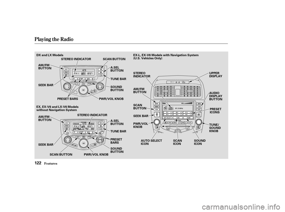 HONDA ACCORD 2004 CL7 / 7.G Owners Manual Playing the Radio
Features122
DX and LX Models 
EX, EX-V6 and LX-V6 Models 
without Navigation SystemSTEREO INDICATOR
AM/FM
BUTTON SCAN BUTTON
SEEK BAR TUNE BAR
PRESET BARS PWR/VOL KNOB STEREO INDICAT