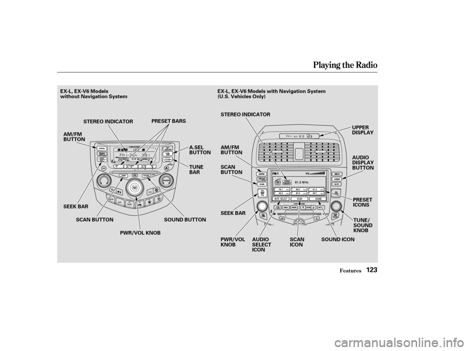 HONDA ACCORD 2004 CL7 / 7.G Owners Manual Playing the Radio
Features123
STEREO INDICATOR
SEEK BAR PRESET BARS
PWR/VOL KNOB SEEK BAR
SCAN 
BUTTON 
PWR/VOL KNOB UPPER
DISPLAY
PRESETICONS
AUDIO
DISPLAY
BUTTON
TUNE/SOUNDKNOB
EX-L, EX-V6 Models
wi