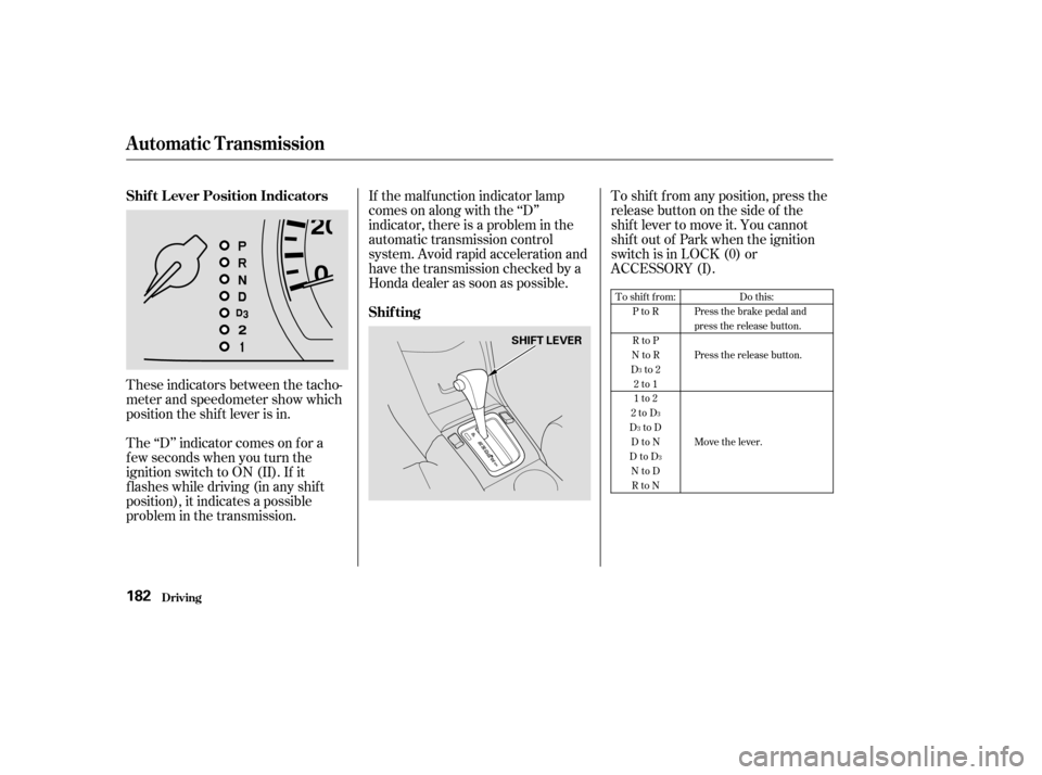 HONDA ACCORD 2004 CL7 / 7.G Owners Guide These indicators between the tacho- 
meter and speedometer show which
position the shif t lever is in. 
The ‘‘D’’ indicator comes on f or a 
f ew seconds when you turn the
ignition switch to O