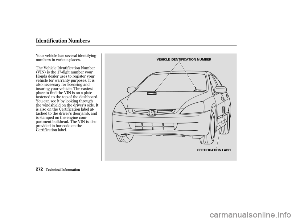 HONDA ACCORD 2004 CL7 / 7.G Manual PDF The Vehicle Identif ication Number 
(VIN) is the 17-digit number your
Honda dealer uses to register your
vehicle f or warranty purposes. It is
also necessary f or licensing and
insuring your vehicle. 