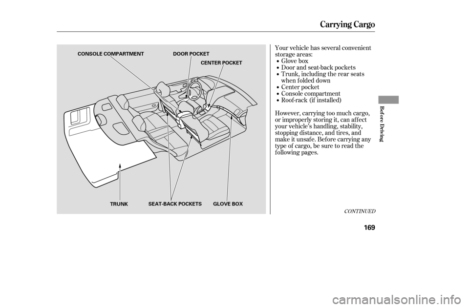 HONDA ACCORD 2005 CL7 / 7.G Owners Manual Your vehicle has several convenient 
storage areas:Glove box
Door and seat-back pockets
Trunk, including the rear seats
when f olded down
Center pocket
Console compartment
Roof -rack (if installed)
Ho