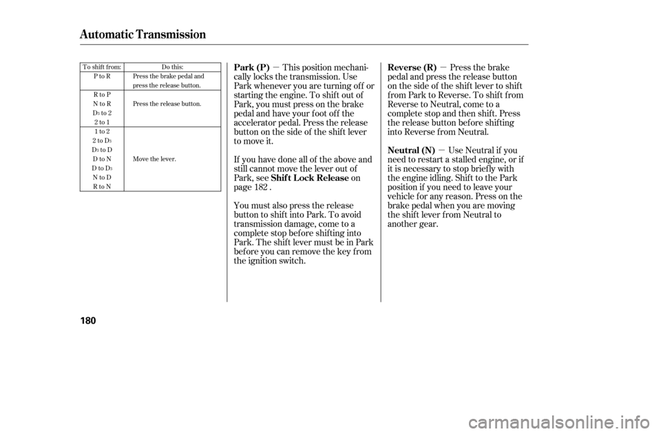 HONDA ACCORD 2005 CL7 / 7.G Owners Manual µµµTo shift from:PtoR 
RtoP
NtoR
Dto2 2to1 
1to2
2toD
DtoD DtoN
DtoD NtoDRtoN Do this:
Press the brake pedal and
press the release button. 
Press the release button. 
Move the lever.
3
3
3
3
Thi