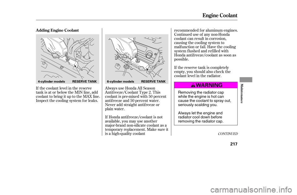 HONDA ACCORD 2005 CL7 / 7.G Owners Manual Always use Honda All Season 
Antif reeze/Coolant Type 2. This
coolant is pre-mixed with 50 percent
antif reeze and 50 percent water.
Never add straight antifreeze or
plain water. 
If Honda antif reeze