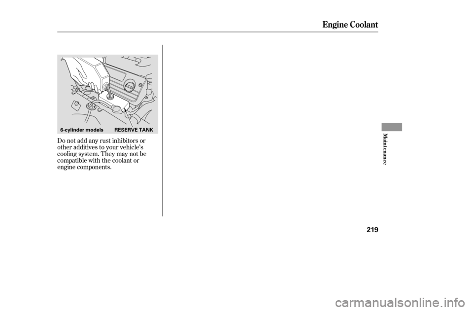 HONDA ACCORD 2005 CL7 / 7.G Workshop Manual Do not add any rust inhibitors or 
other additives to your vehicle’s
cooling system. They may not be
compatible with the coolant or
engine components.
Engine Coolant
Maint enance
219
6-cylinder mode