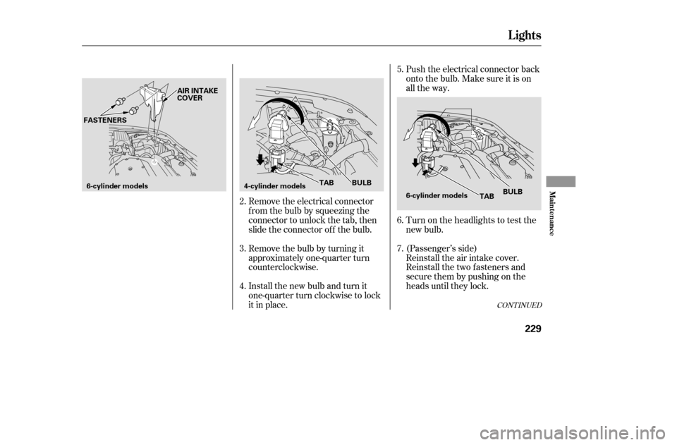 HONDA ACCORD 2005 CL7 / 7.G Owners Manual Remove the electrical connector 
f rom the bulb by squeezing the
connector to unlock the tab, then
slide the connector of f the bulb. 
Remove the bulb by turning it 
approximately one-quarter turn
cou