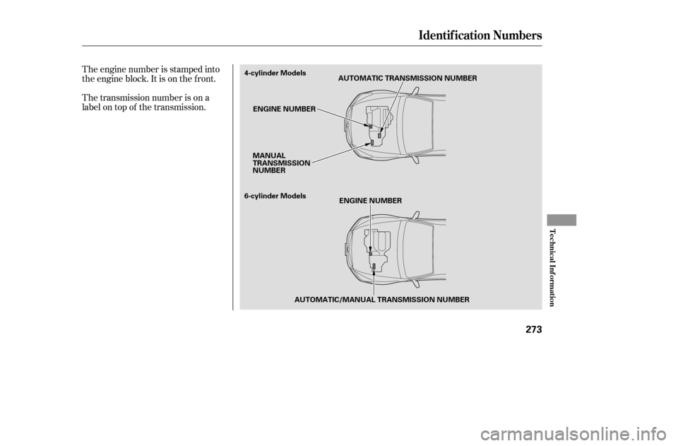 HONDA ACCORD 2005 CL7 / 7.G Owners Manual The transmission number is on a 
label on top of the transmission.
The engine number is stamped into
the engine block. It is on the f ront.
Identif ication Numbers
T echnical Inf ormation
273
AUTOMATI
