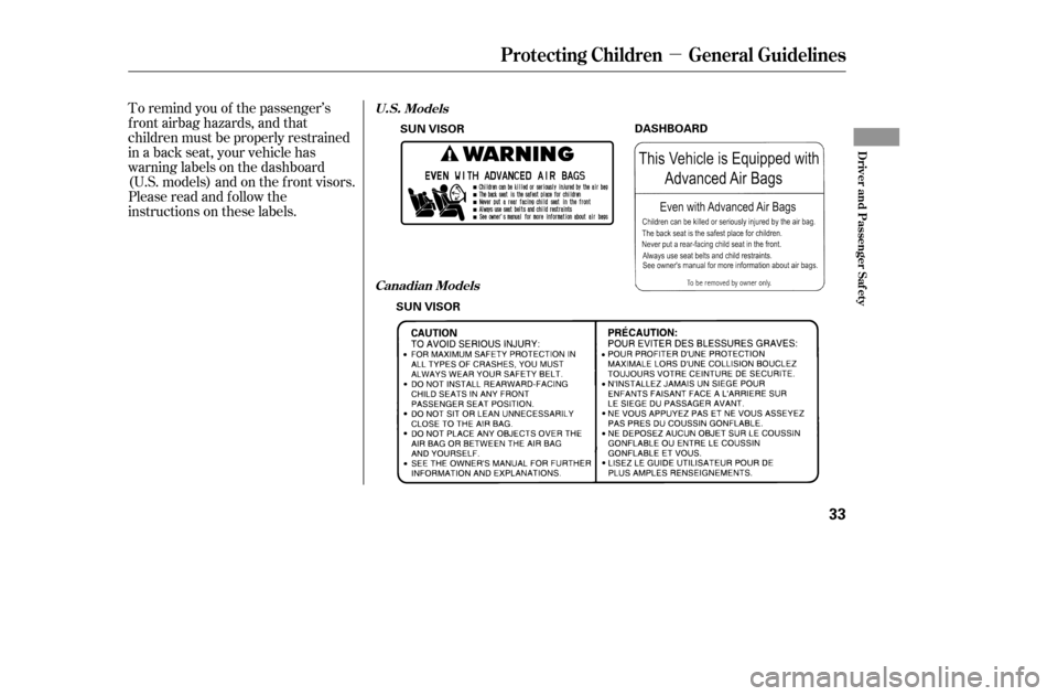 HONDA ACCORD 2005 CL7 / 7.G Owners Manual µ
To remind you of the passenger’s 
f ront airbag hazards, and that
children must be properly restrained
in a back seat, your vehicle has
warninglabelsonthedashboard
(U.S. models) and on the f ron