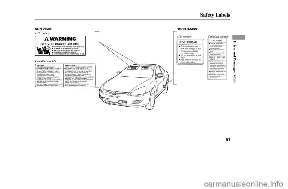 HONDA ACCORD 2005 CL7 / 7.G Owners Manual U.S. modelsCanadian models U.S. models Canadian models
Saf ety L abels
Driver and Passenger Saf ety
51
SUN VISOR
DOORJAMBS
——y
y
(%yy 
