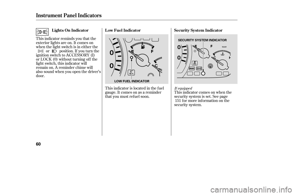 HONDA ACCORD 2005 CL7 / 7.G Workshop Manual This indicator reminds you that the 
exterior lights are on. It comes on
when the light switch is in either theor position. If you turn the
ignition switch to ACCESSORY (I)
or LOCK (0) without turning