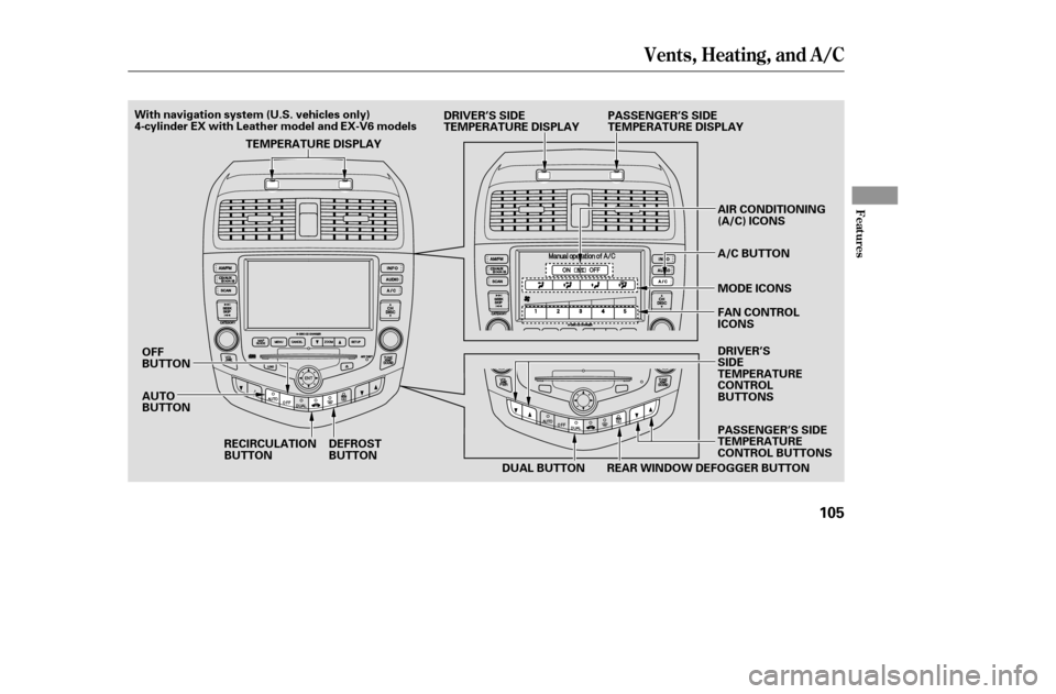 HONDA ACCORD 2005 CL7 / 7.G Owners Manual Vents, Heating, and A/C
Features
105
DRIVER’S SIDE 
TEMPERATURE DISPLAYPASSENGER’S SIDE
TEMPERATURE DISPLAY
DEFROST
BUTTON
RECIRCULATION
BUTTON TEMPERATURE DISPLAY
FAN CONTROLICONS
REAR WINDOW DEF