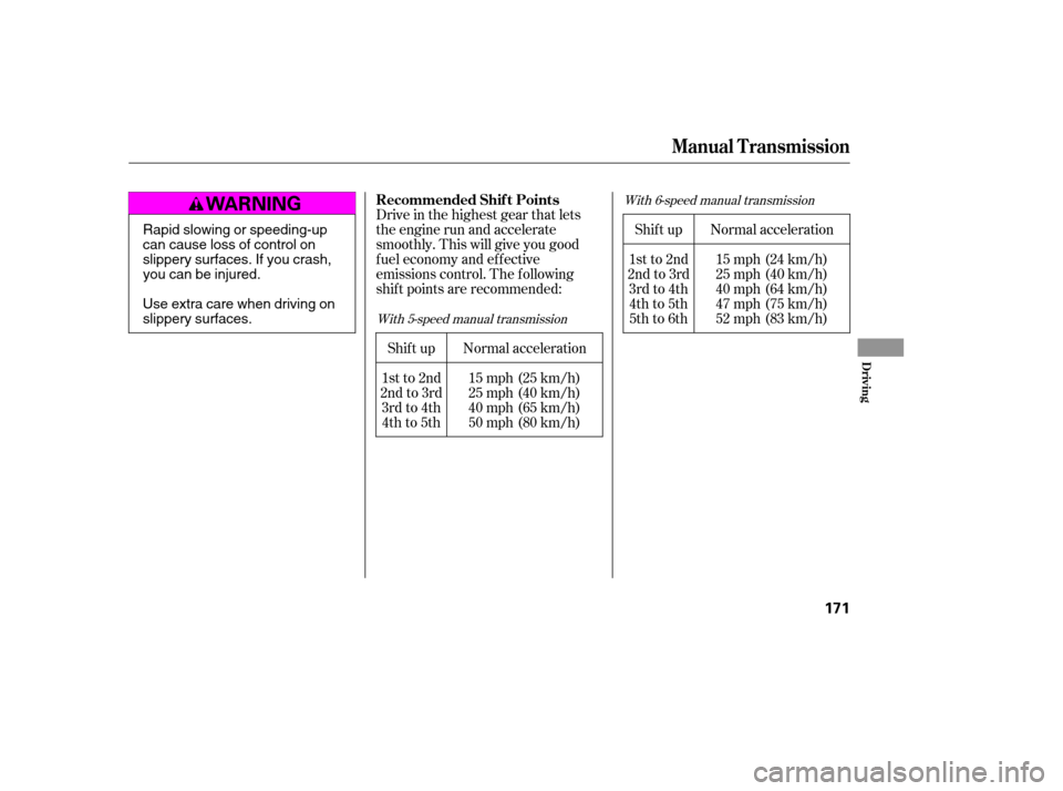 HONDA ACCORD 2006 CL7 / 7.G Owners Manual Shif t up
1st to 2nd
2nd to 3rd 3rd to 4th4th to 5th 
5th to 6th Normal acceleration
15 mph (24 km/h)
25 mph (40 km/h)
40 mph (64 km/h)
47 mph (75 km/h)
52 mph (83 km/h)
Shif t up
1st to 2nd
2nd to 3r