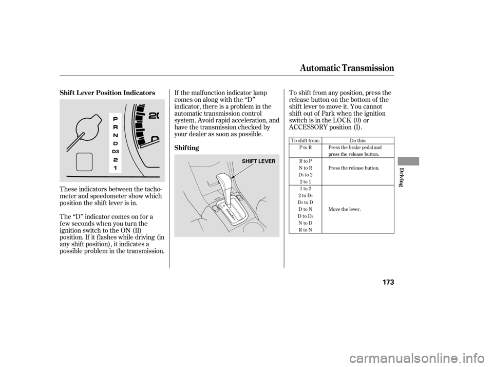 HONDA ACCORD 2006 CL7 / 7.G Owners Manual If the malf unction indicator lamp 
comes on along with the ‘‘D’’
indicator, there is a problem in the
automatic transmission control
system. Avoid rapid acceleration, and
have the transmissio