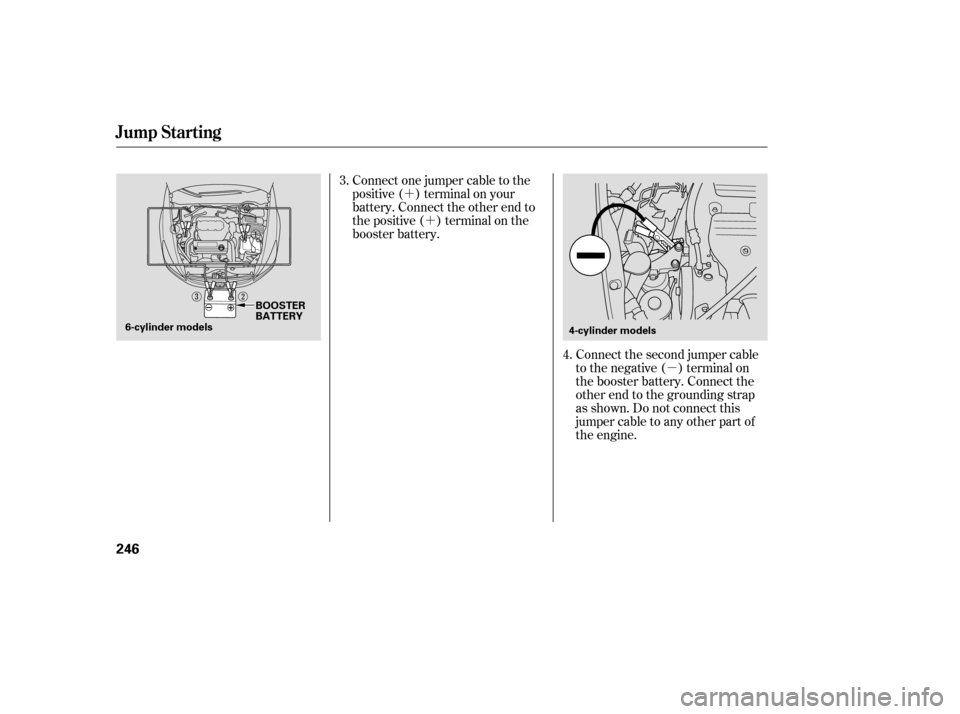 HONDA ACCORD 2006 CL7 / 7.G User Guide µ
´
´
Connect the second jumper cable 
to the negative ( ) terminal on
the booster battery. Connect the
other end to the grounding strap
as shown. Do not connect this
jumper cable to any other p