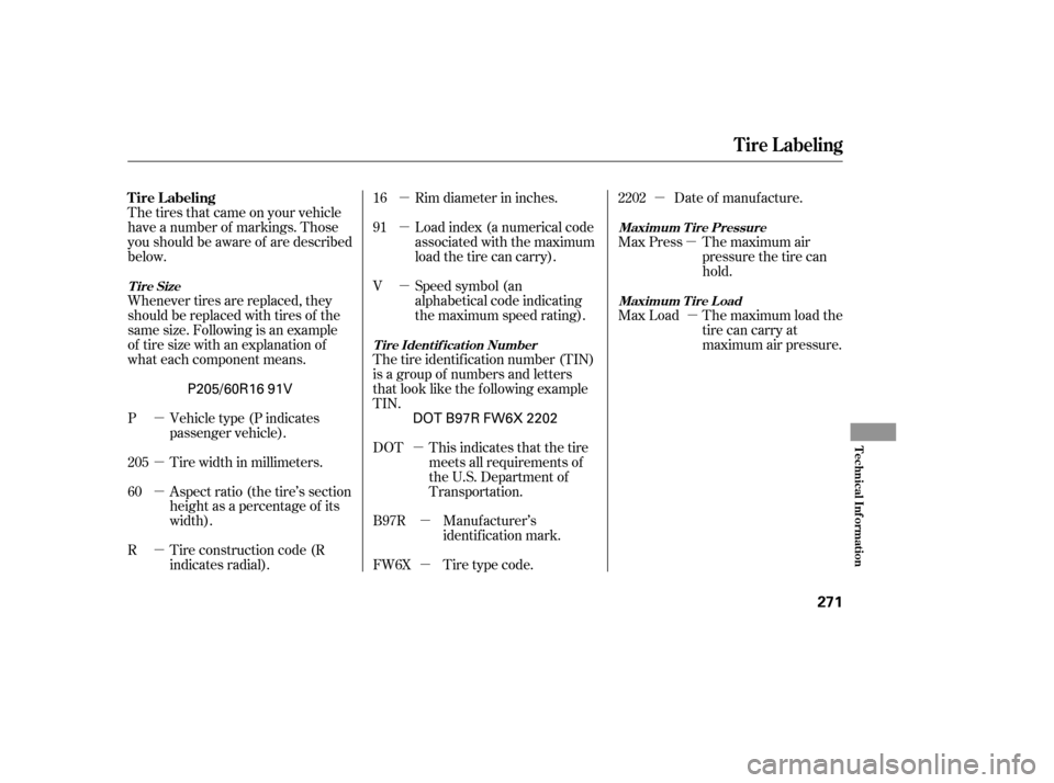 HONDA ACCORD 2006 CL7 / 7.G Owners Manual µ µ µ µµ µ µ
µµ µ µ
µ
µ
Whenever tires are replaced, they 
should be replaced with tires of the
same size. Following is an example
of tire size with an explanation of
what ea