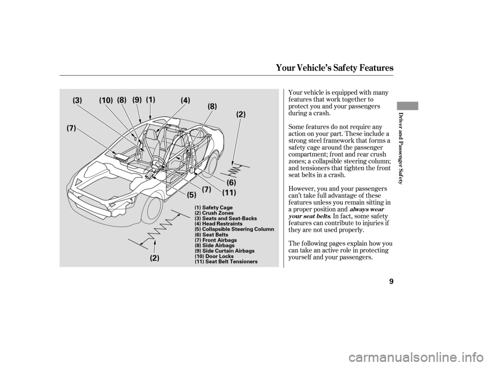 HONDA ACCORD 2006 CL7 / 7.G Owners Manual Your vehicle is equipped with many 
features that work together to
protect you and your passengers
during a crash. 
The f ollowing pages explain how you 
cantakeanactiveroleinprotecting
yourself and y