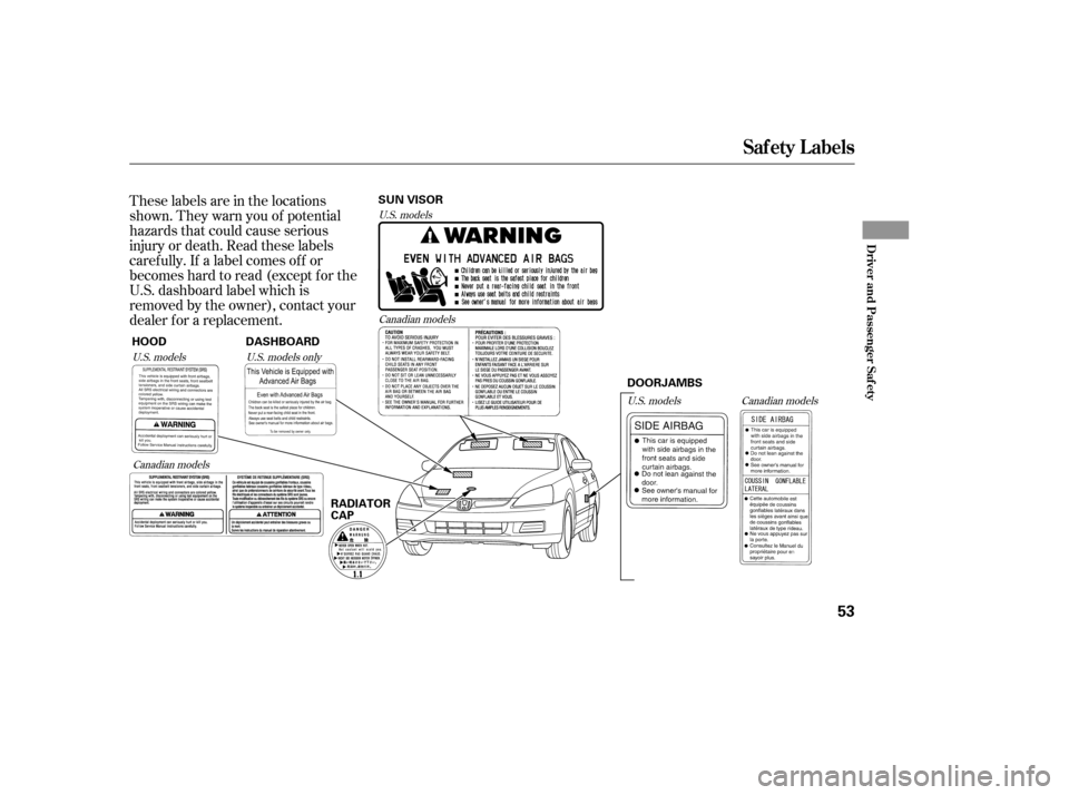 HONDA ACCORD 2006 CL7 / 7.G Service Manual These labels are in the locations 
shown. They warn you of potential
hazards that could cause serious
injury or death. Read these labels
caref ully. If a label comes of f or
becomeshardtoread(exceptfo