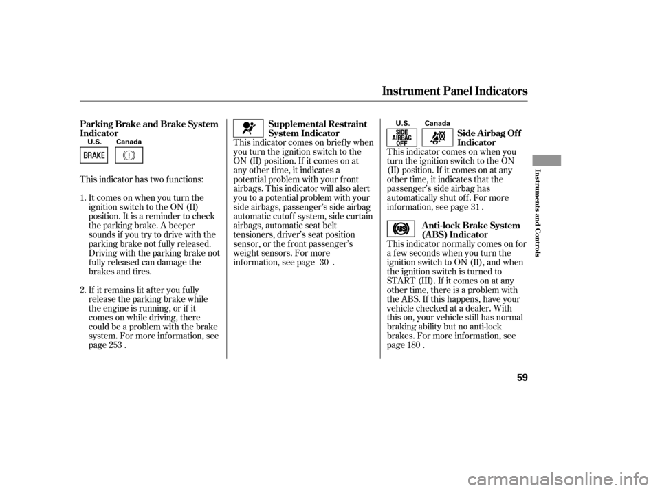 HONDA ACCORD 2006 CL7 / 7.G Workshop Manual This indicator comes on when you 
turn the ignition switch to the ON
(II) position. If it comes on at any
other time, it indicates that the
passenger’s side airbag has
automatically shut off. For mo