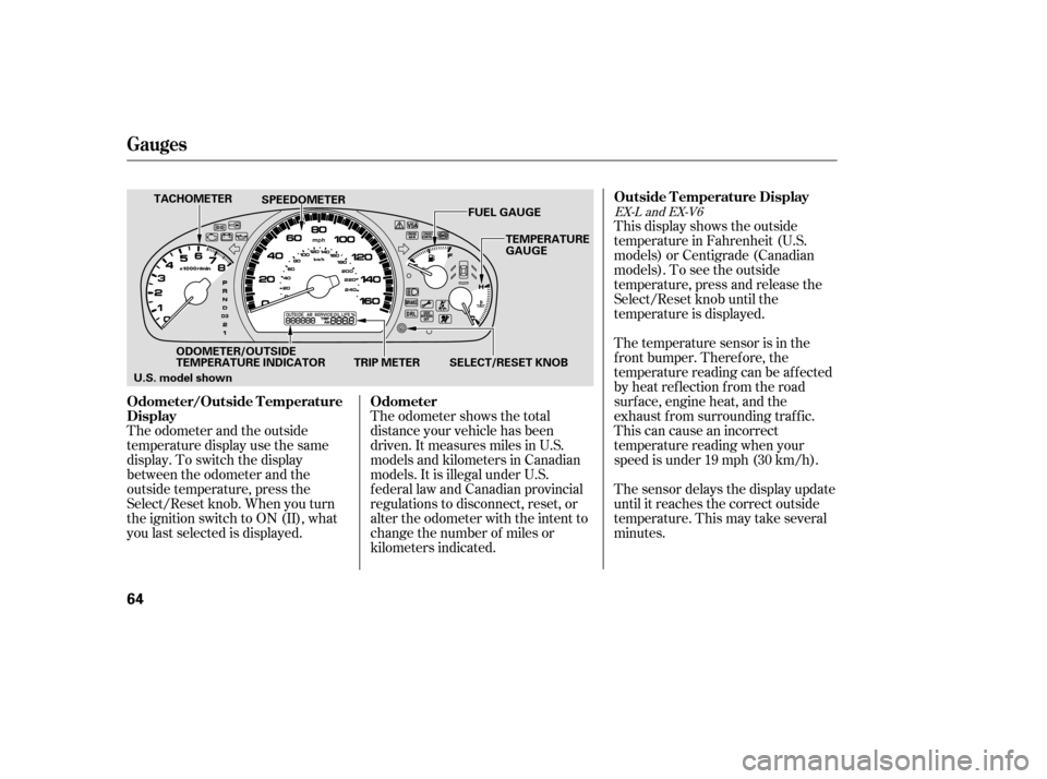 HONDA ACCORD 2006 CL7 / 7.G Owners Manual The odometer shows the total 
distance your vehicle has been
driven. It measures miles in U.S.
models and kilometers in Canadian
models. It is illegal under U.S.
federal law and Canadian provincial
re