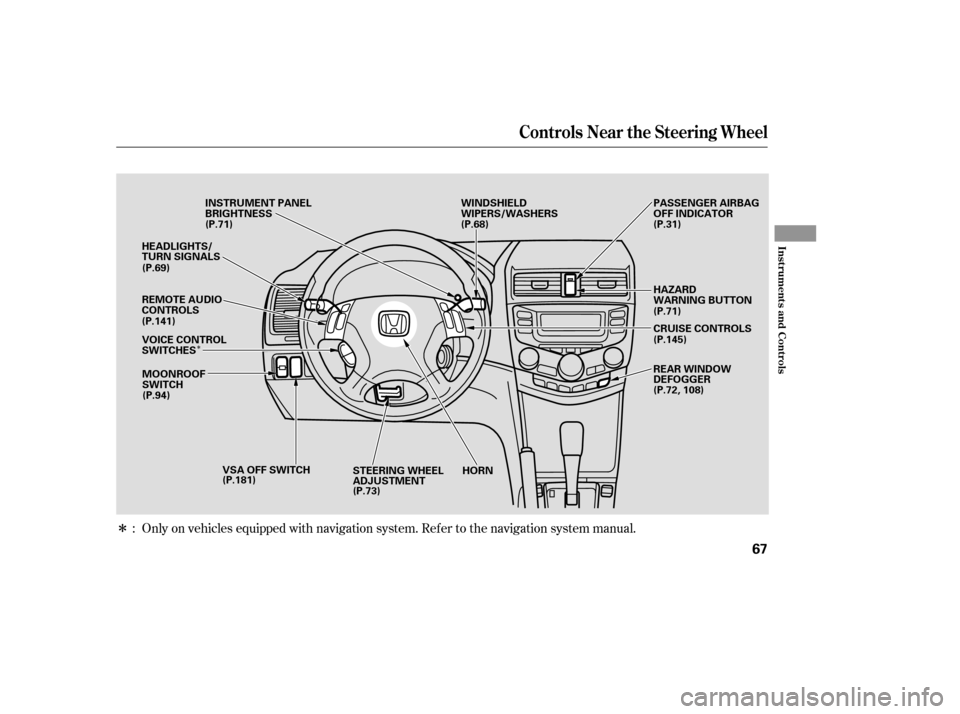 HONDA ACCORD 2006 CL7 / 7.G Repair Manual Î
ÎOnly on vehicles equipped with navigation system. Ref er to the navigati on system manual.
:
Controls Near the Steering Wheel
Inst rument s and Cont rols
67
WINDSHIELD 
WIPERS/WASHERS
INSTRUMEN