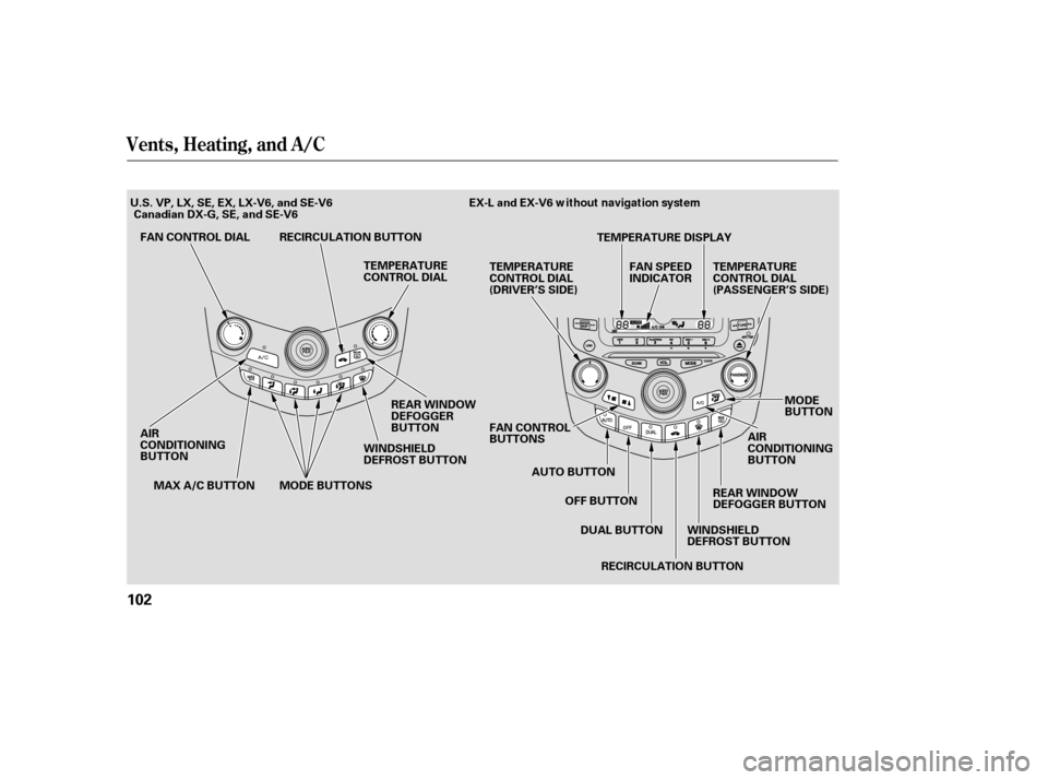 HONDA ACCORD 2007 CL7 / 7.G Owners Manual Vents, Heating, and A/C
102
TEMPERATURE 
CONTROL DIAL
MAX A/C BUTTON REAR WINDOW
DEFOGGER BUTTON
TEMPERATURE
CONTROL DIAL
(DRIVER’S SIDE) 
FAN CONTROL 
BUTTONS
TEMPERATURE
CONTROL DIAL
(PASSENGER’