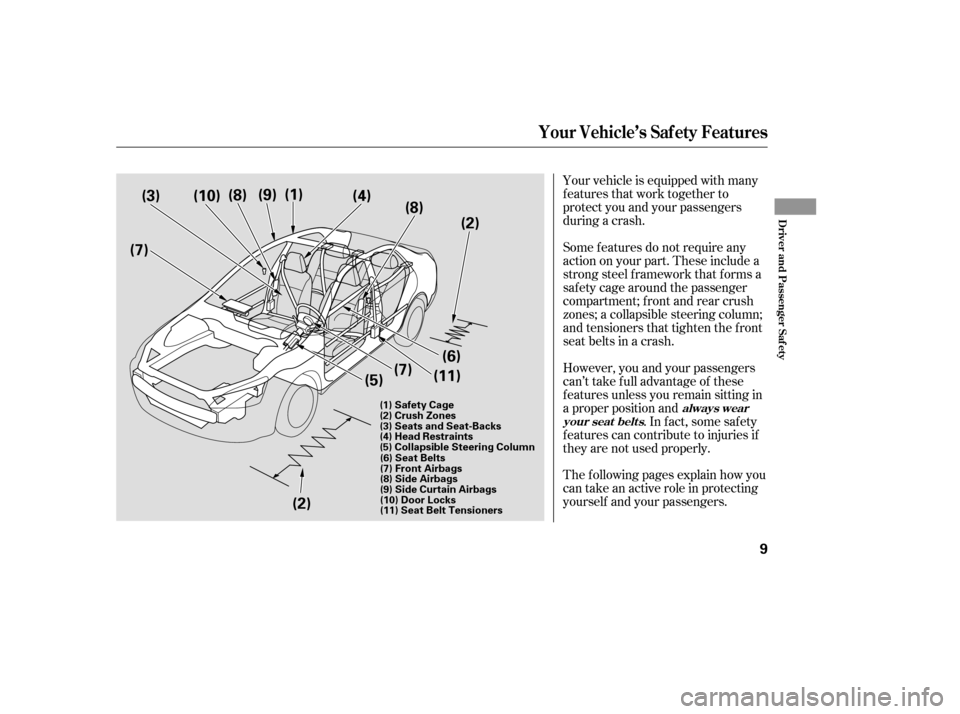 HONDA ACCORD 2007 CL7 / 7.G User Guide Your vehicle is equipped with many 
features that work together to
protect you and your passengers
during a crash. 
The f ollowing pages explain how you 
cantakeanactiveroleinprotecting
yourself and y