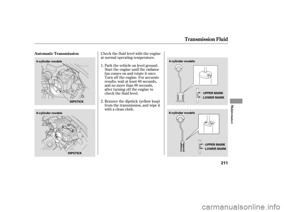 HONDA ACCORD 2007 CL7 / 7.G Workshop Manual Check the f luid level with the engine 
at normal operating temperature.Remove the dipstick (yellow loop)
f rom the transmission, and wipe it
with a clean cloth.
Park the vehicle on level ground.
Star