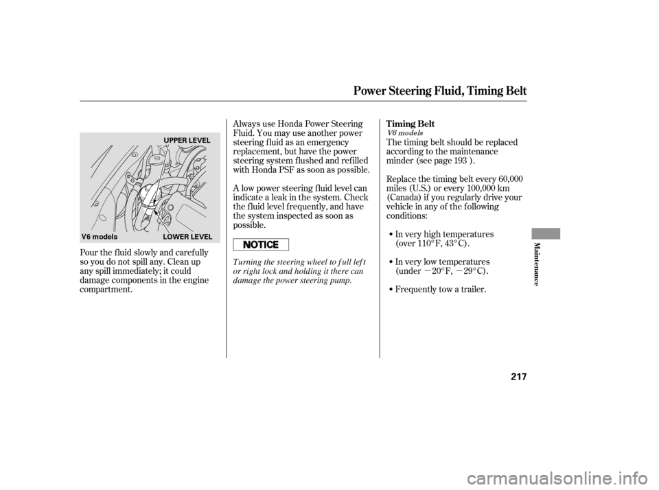 HONDA ACCORD 2007 CL7 / 7.G Owners Manual µµ
Pour the f luid slowly and caref ully 
so you do not spill any. Clean up
any spill immediately; it could
damage components in the engine
compartment. The timing belt should be replaced
accordin