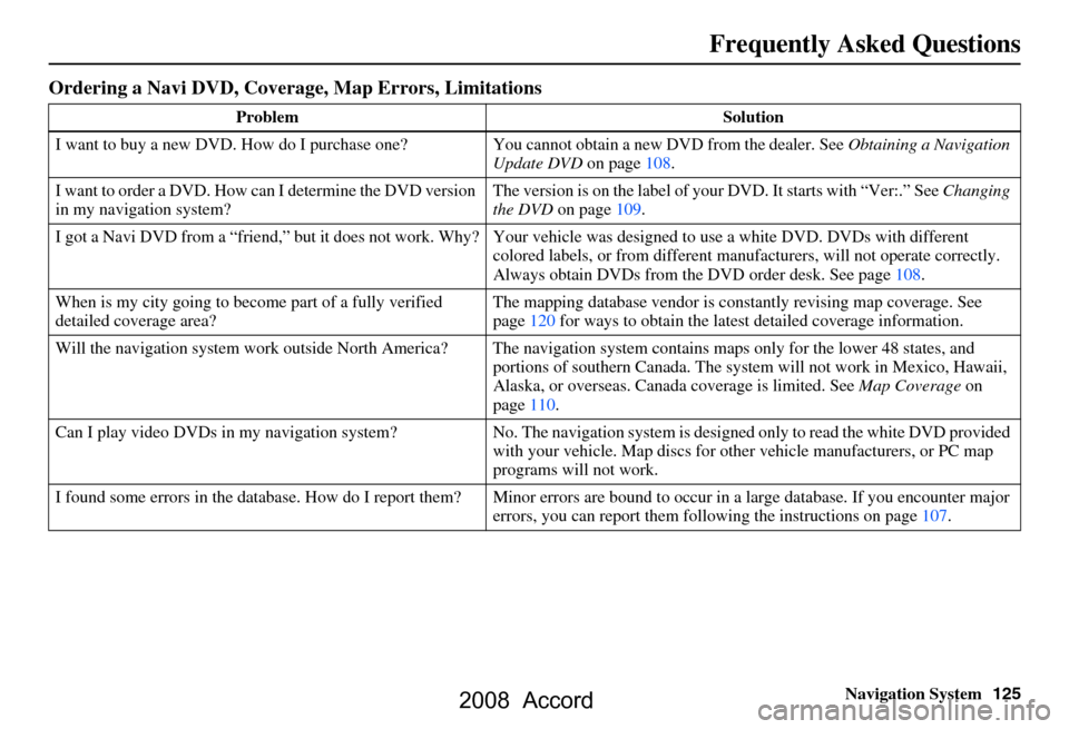 HONDA ACCORD 2008 8.G Navigation Manual Navigation System125
Frequently Asked Questions
Ordering a Navi DVD, Coverage, Map Errors, Limitations
Problem Solution
I want to buy a new DVD. How do I purchase one ? You cannot obtain a new DVD fro