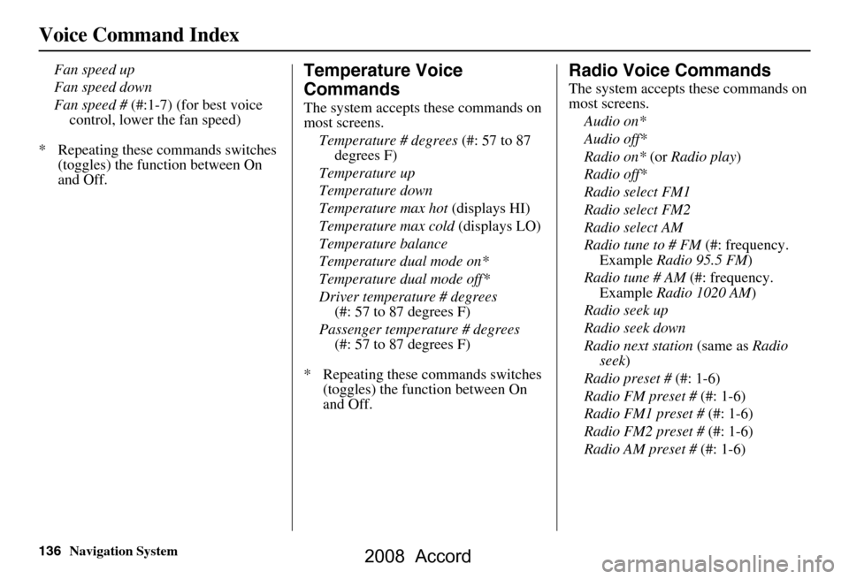 HONDA ACCORD 2008 8.G Navigation Manual 136Navigation System
Voice Command Index
Fan speed up 
Fan speed down
Fan speed # (#:1-7) (for best voice 
control, lower the fan speed)
*  Repeating these commands switches  (toggles) the function be